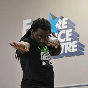 Mitch Finn hits a stylized dab after nailing a step in practice.